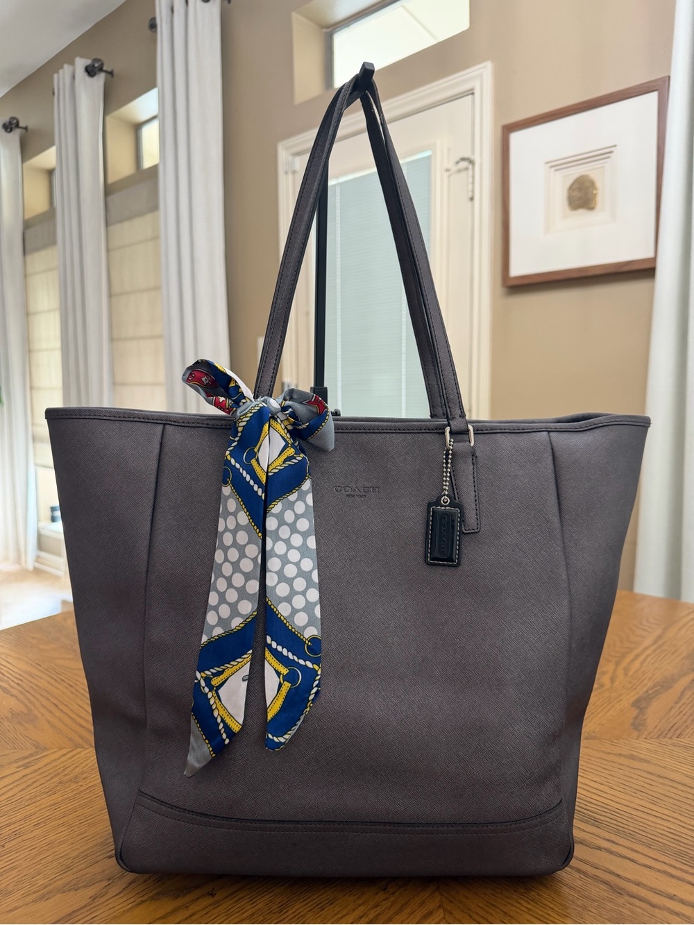 Coach Large Gray Leather City Tote Bag with Scarf Accent